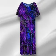 総柄ロングワンピース ブルー パープル 幾何学 抽象柄 華やか【XL】紫と青