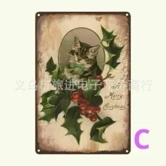 [新品・未使用]ブリキプレートガーデニング雑貨猫インテリアクリスマスヒイラギのサムネイル