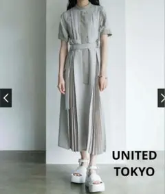 【美品】プリーツコンビワークワンピース　ストレッチ　ユナイテッドトウキョウ