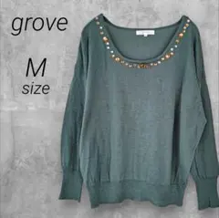 grove☆ニット【 M】グリーン☆ビジュー☆薄手☆トップス☆ドルマンスリーブ