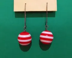 ☆赤白ストライプ ボール型ピアス【ヴィンテージ】