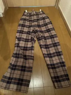 グローバルワーク ワイドテーパードパンツ ロング丈 チェック柄 M ベージュ 茶