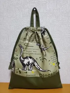 持ち手付き巾着袋 上靴入れ お道具袋 G恐竜柄 モスグリーン ダイナソーのサムネイル
