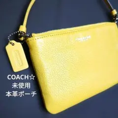 未使用　COACH本革お財布兼ミニバッグ　バッグチャーム黄色　ポケット付きポーチ