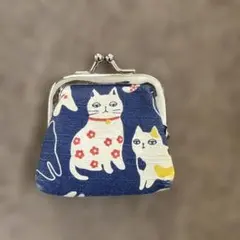 猫柄がま口財布 ネイビー