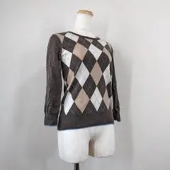 【ジェイプレス】ニット　セーター　茶　チェック柄　M　ウール100％　美品