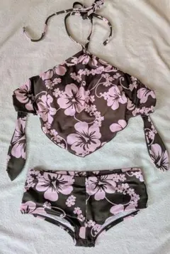 フラワープリント セパレート水着 ブラウン・ピンク　9号Mサイズ