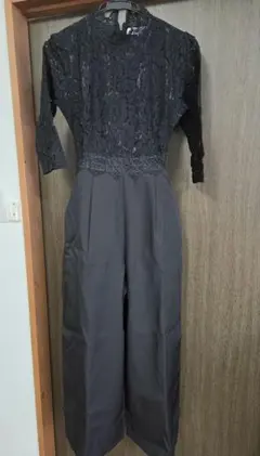パンツドレス オールインワン レース シースルー袖 7分袖 　黒　SizeS