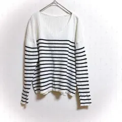 COLZA ボーダー リブニット Vネック 長袖 白黒 伸縮性 春秋 美品