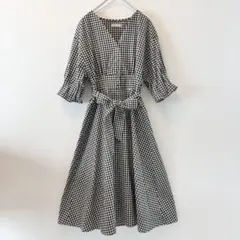 natural couture ギンガムチェックワンピース ロング 七分袖