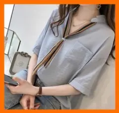 ブラウス　シャツ　リボン　M　半袖　五分袖　レディース　夏　韓国