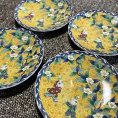 第一陶器 翔山窯 黄地唐子 中皿 4枚セット 九谷手 金彩 和皿 銘々皿 平皿