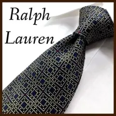 美品 ラルフローレン ネクタイ シルク 幾何学模様 格子模様 紺色系 ゴールド