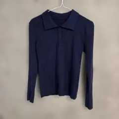 ネイビー リブ編み ポロセーター 長袖 SHEIN