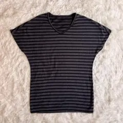 【ユニクロ】 ヒートテック (S) フレンチスリーブ ボーダー Vネック グレー