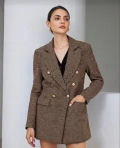 ブラウン ダブルブレスト テーラードジャケット　チェック