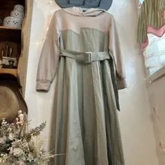 ceu azul 異素材ロングワンピース　フード　グリーン　カーキ　M