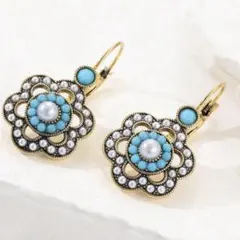 ターコイズ　パール　フープピアス　ヴィンテージ風　アジアン　エスニック　トルコ石