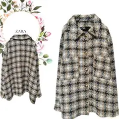 【ザラZARA】ツイード調チェック柄シャツジャケット 金ボタン胸ポケット上品さL
