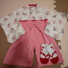 ベビー袴　袴ロンパース　花柄着物　80