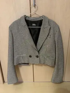 ZARA 千鳥格子柄クロップド丈ブレザー　ホワイト／ブラック