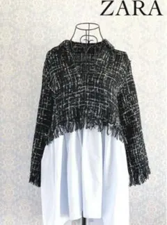 ZARA トップス　長袖　カットソー　切替し　ブラウス　ツイードドッキング　S
