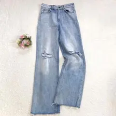 【ZARA】 ダメージ ワイドデニムパンツ (38) ライトブルー カットオフ