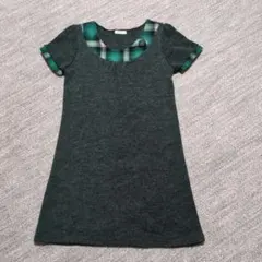 グリーン色のワンピース首・袖周りチェック柄秋冬