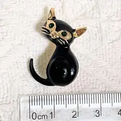 黒猫 クロネコ 緑の目 ラインストーン ゴールド ブローチ ピンブローチ