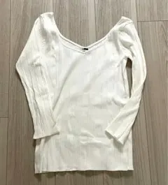 H BEAUTY&YOUTH ホワイトリブ編み長袖Tシャツ