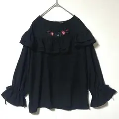レスポワール 刺繍フリルブラウス ブラック L 長袖 花柄 ボリューム袖Y
