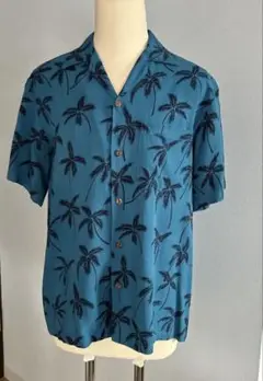 美品❗️ヤシの木プリント アロハシャツ 青