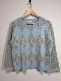 grove (グローブ) アーガイル柄シャギーニット Mサイズ 水色×グレー