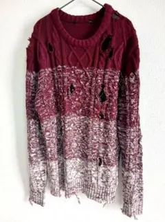 ボルドー/ホワイトグラデーション ボロダメージニット グランジ パンク Y2K