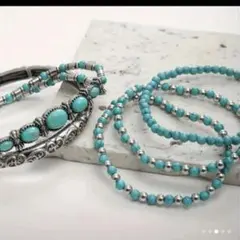 ターコイズとシルバーのビーズブレスレット5点セット