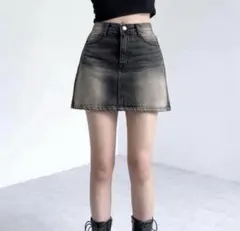 Aラインデニムミニスカート 韓国ブラック