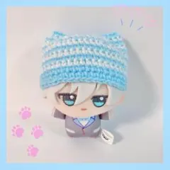 ちびぐるみ ぬい服 猫耳ボーダーニット帽 水色×白 ハンドメイド 編み物