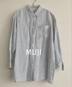 【無印】フレンチリネン洗いざらしワイドシャツ　ストライプ　ネイビー&ホワイト　S