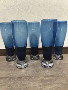 TLAQUEPAQUE メキシコ製,青いグラス5個,手吹き,ヴィンテージ ,美品