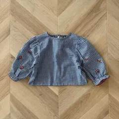 しまむら mir.. ギンガムチェック花柄刺繍ブラウス 90cm ブルー 青