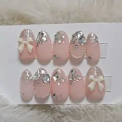 ネイルチップ ピンク グリッター ちゅるん　埋めつくし　量産系　リボン