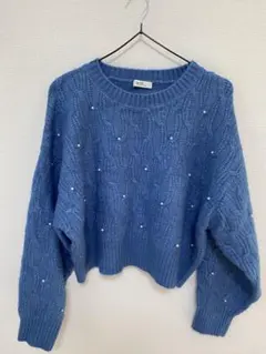 earth music&ecology ブルー ケーブル編み ニット パール付き