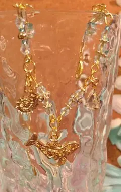 マリンブレスレット★クジラ×巻貝×しずくビジュー×ブルーガラスビーズ×ゴールド