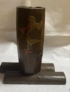 木製 花器 鳥と葉の彫刻付き
