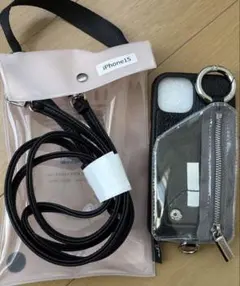 iPhone 15用 ブラックレザー風ケース ストラップ付き