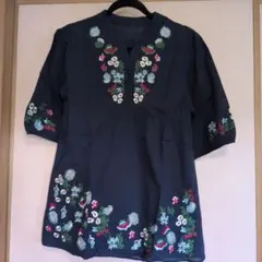 【新品】ネイビー フラワー刺繍 五分袖コットンチュニック
