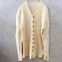 ヴィンテージ調 リブニット カーディガン アイボリー 金ボタン 【L相当】