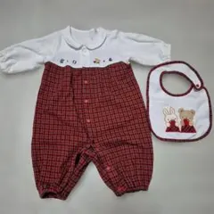 【familiar】赤と白のチェック柄ロンパース・スタイ付き　50~60cm