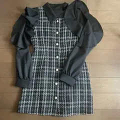 フリル袖 ブラック・ホワイトチェック ミニワンピース S