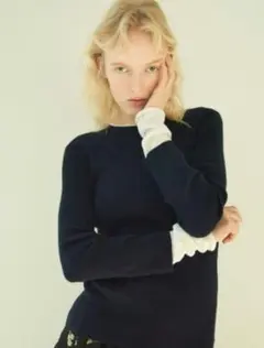 セール【MilaOwen】バイカラー袖口レイヤードリブニット　ネイビー　M